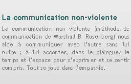 Zone de Texte: La communication non-violenteLa communication non violente (mthode de communication de Marshall B. Rosenberg) nous aide  communiquer avec lautre sans lui nuire ;  lui accorder, dans le dialogue, le temps et lespace pour sexprimer et se sentir compris. Tout se joue dans lempathie.