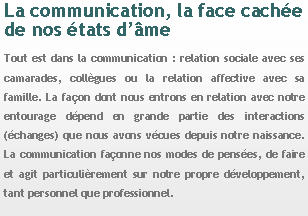 Zone de Texte: La communication, la face cache de nos tats dmeTout est dans la communication : relation sociale avec ses camarades, collgues ou la relation affective avec sa famille. La faon dont nous entrons en relation avec notre entourage dpend en grande partie des interactions (changes) que nous avons vcues depuis notre naissance. La communication faonne nos modes de penses, de faire et agit particulirement sur notre propre dveloppement, tant personnel que professionnel.